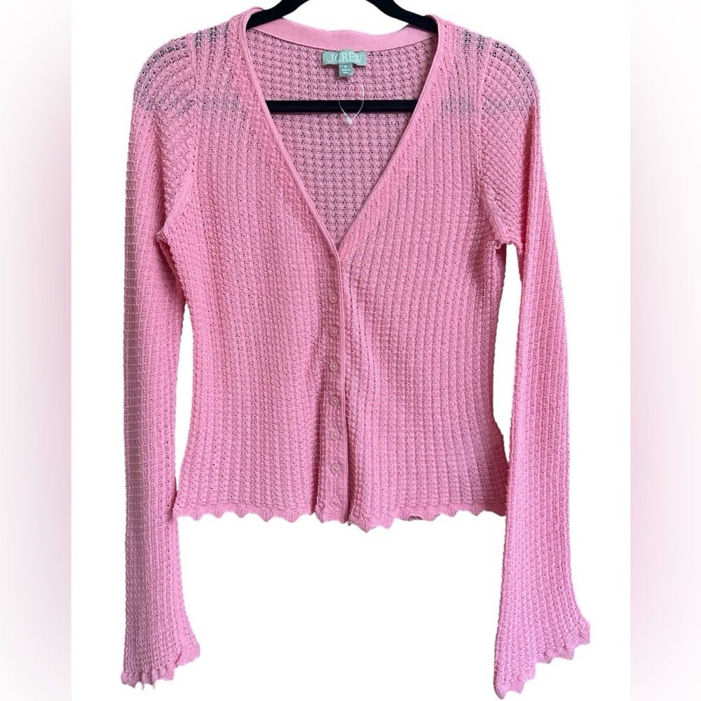 J. Crew Scalloped Trim Open Knit Textured Cardigan Pink Y2K Style Preppy Medium